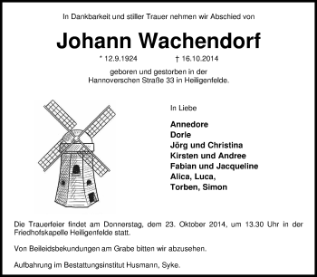 Traueranzeige von Johann Wachendorf von KRZ