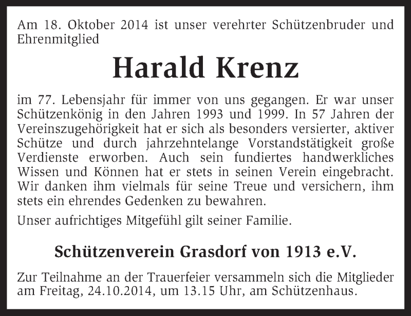  Traueranzeige für Harald Krenz vom 21.10.2014 aus KRZ