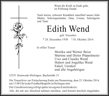 Traueranzeige von Edith Wend von KRZ