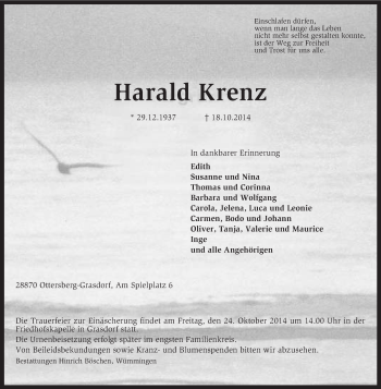 Traueranzeige von Harald Krenz von KRZ