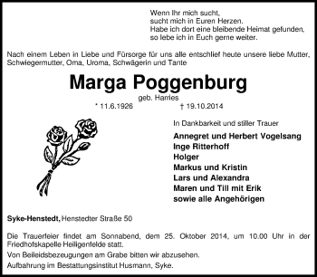 Traueranzeige von Marga Poggenburg von KRZ