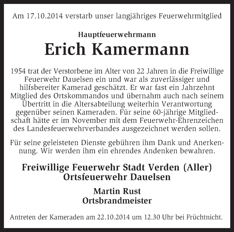  Traueranzeige für Erich Kamermann vom 21.10.2014 aus KRZ