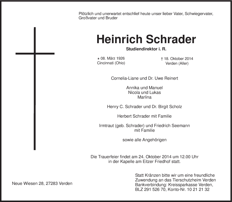  Traueranzeige für Heinrich Schrader vom 22.10.2014 aus KRZ