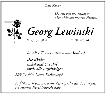 Traueranzeige von Georg Lewinski von KRZ