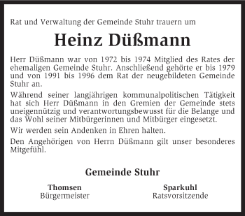 Traueranzeige von Heinz Düßmann von KRZ