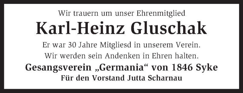  Traueranzeige für Karl-Heinz Gluschak vom 25.10.2014 aus KRZ
