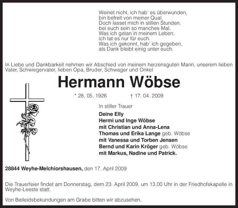 Traueranzeigen von Hermann Wöbse | trauer.kreiszeitung.de