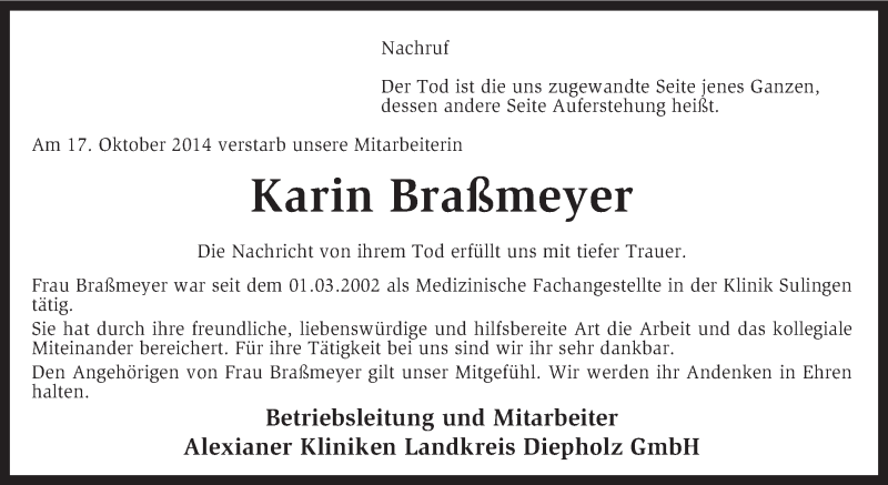  Traueranzeige für Karin Braßmeyer vom 24.10.2014 aus KRZ