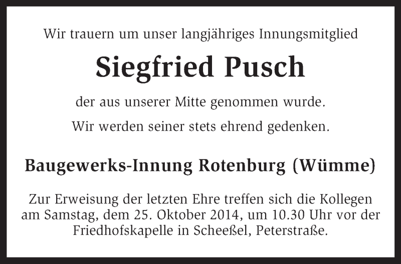  Traueranzeige für Siegfried Pusch vom 24.10.2014 aus KRZ