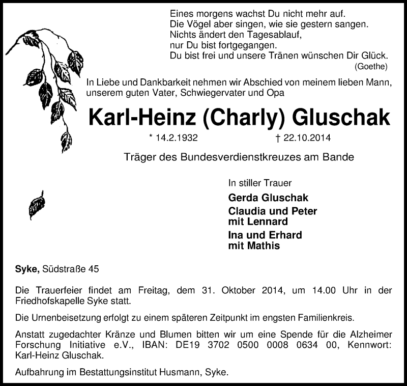  Traueranzeige für Karl-Heinz Gluschak vom 25.10.2014 aus KRZ