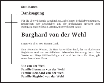 Traueranzeige von Burghard von der Wehl von KRZ