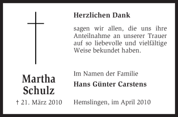 Traueranzeige von Martha Schulz von KREISZEITUNG SYKE