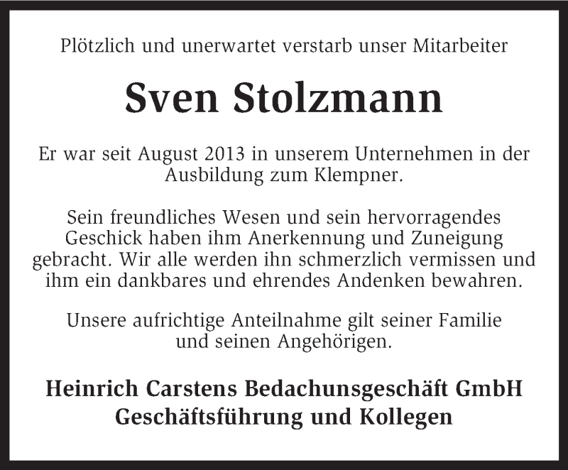  Traueranzeige für Sven Stolzmann vom 25.10.2014 aus KRZ