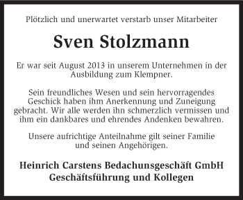 Traueranzeige von Sven Stolzmann von KRZ