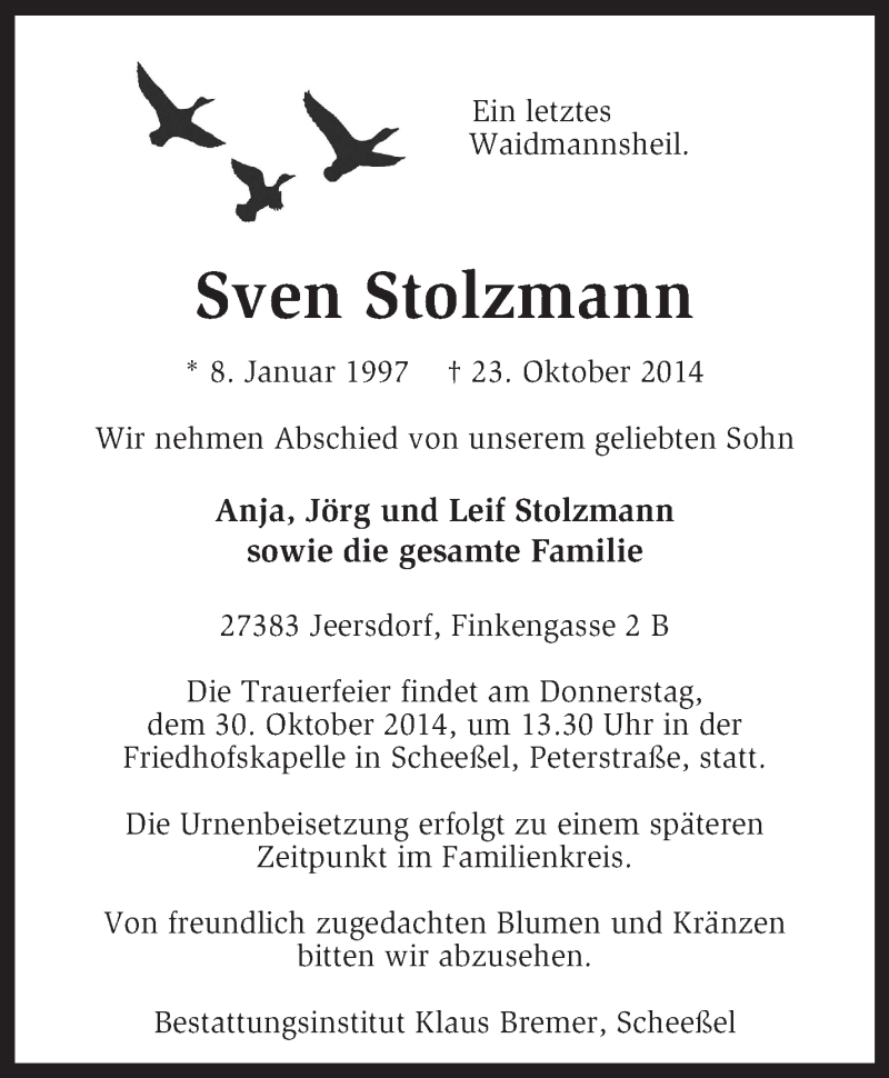  Traueranzeige für Sven Stolzmann vom 25.10.2014 aus KRZ