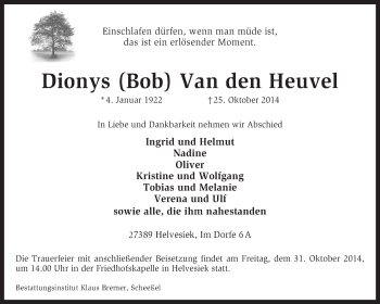 Traueranzeige von Dionys Van den Heuvel von KRZ