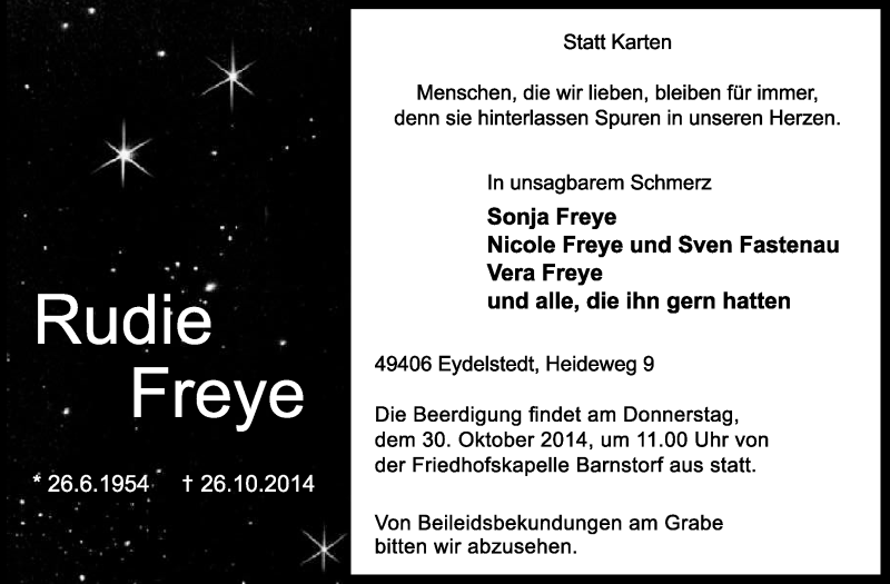  Traueranzeige für Rudie Freye vom 27.10.2014 aus KRZ