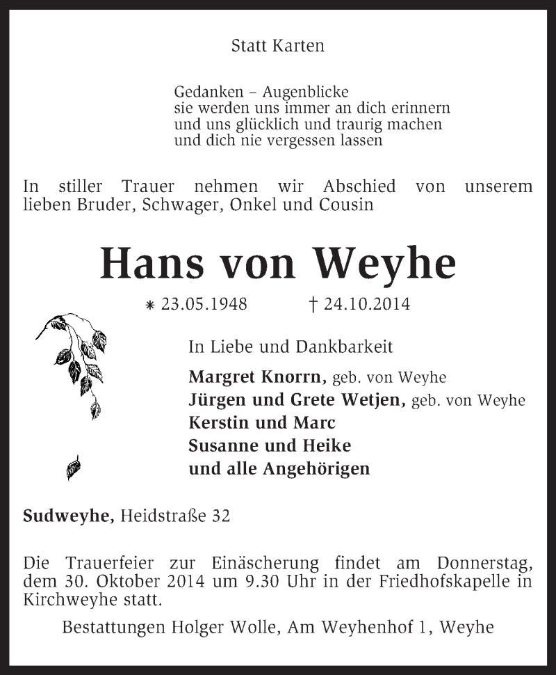  Traueranzeige für Hans von Weyhe vom 28.10.2014 aus KRZ