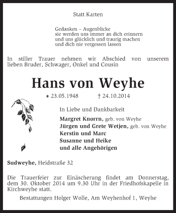 Traueranzeige von Hans von Weyhe von KRZ