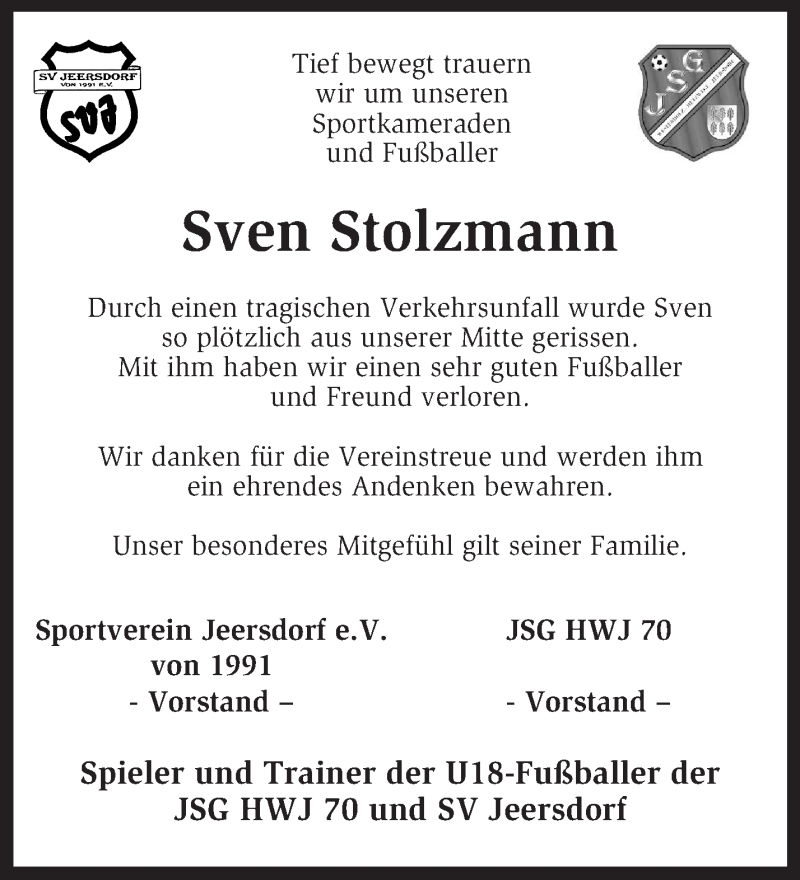  Traueranzeige für Sven Stolzmann vom 28.10.2014 aus KRZ
