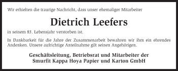 Traueranzeige von Dietrich Leefers von KRZ