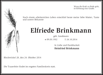 Traueranzeige von Elfriede Brinkmann von KRZ