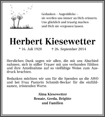 Traueranzeige von Herbert Kiesewetter von KRZ