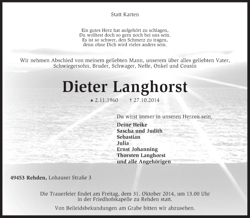  Traueranzeige für Dieter Langhorst vom 28.10.2014 aus KRZ