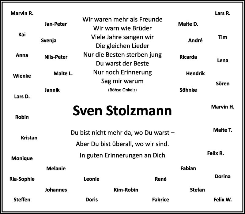  Traueranzeige für Sven Stolzmann vom 28.10.2014 aus KRZ