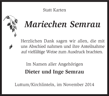 Traueranzeige von Mariechen Semrau von KRZ