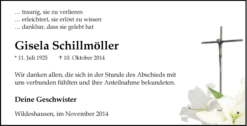  Traueranzeige für Gisela Schillmöller vom 01.11.2014 aus KRZ