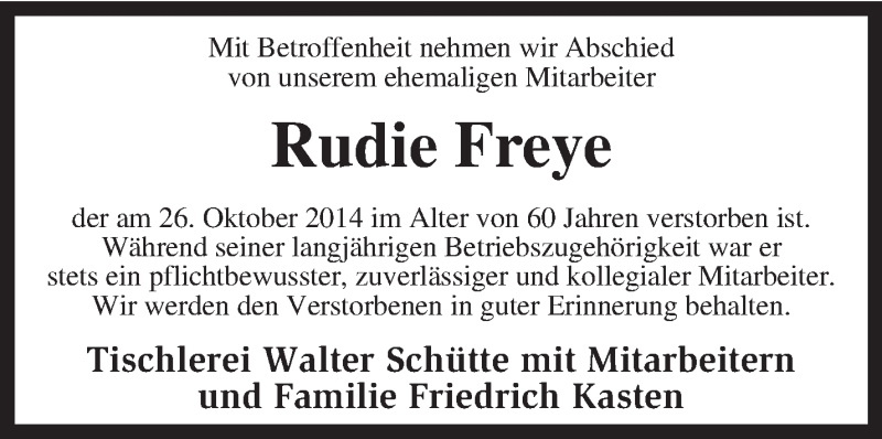  Traueranzeige für Rudie Freye vom 28.10.2014 aus KRZ