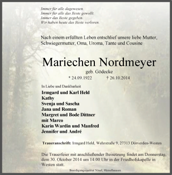 Traueranzeige von Mariechen Nordmeyer von KRZ