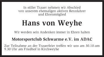 Traueranzeige von Hans von Weyhe von KRZ