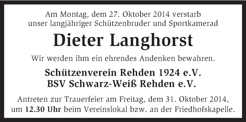  Traueranzeige für Dieter Langhorst vom 29.10.2014 aus KRZ