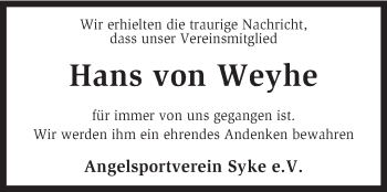 Traueranzeige von Hans von Weyhe von KRZ