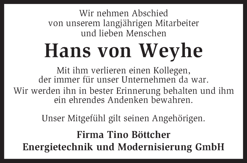  Traueranzeige für Hans von Weyhe vom 29.10.2014 aus KRZ