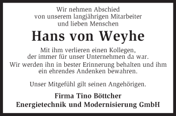 Traueranzeige von Hans von Weyhe von KRZ