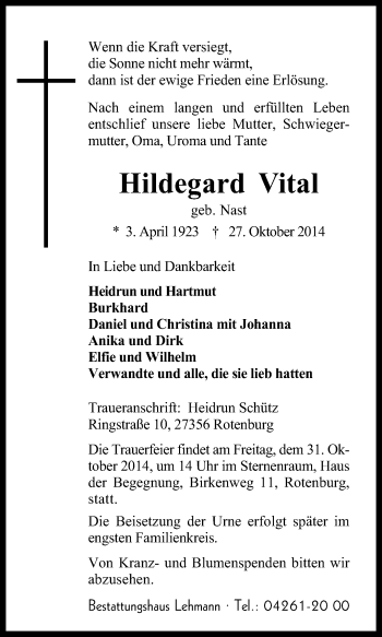Traueranzeige von Hildegard Vital von KRZ