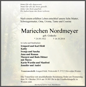 Traueranzeige von Mariechen Nordmeyer von KRZ