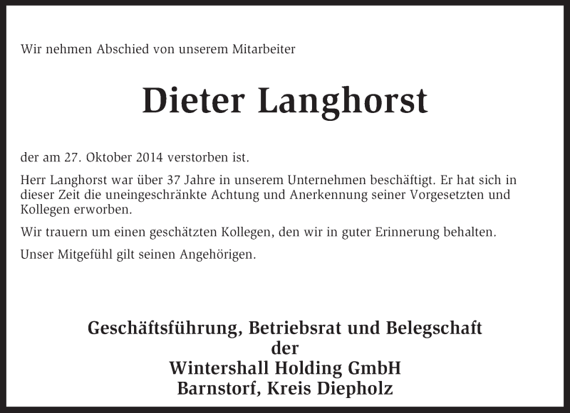  Traueranzeige für Dieter Langhorst vom 30.10.2014 aus KRZ