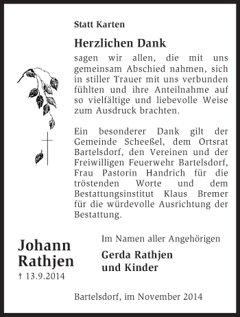 Traueranzeige von Johann Rathjen von KRZ