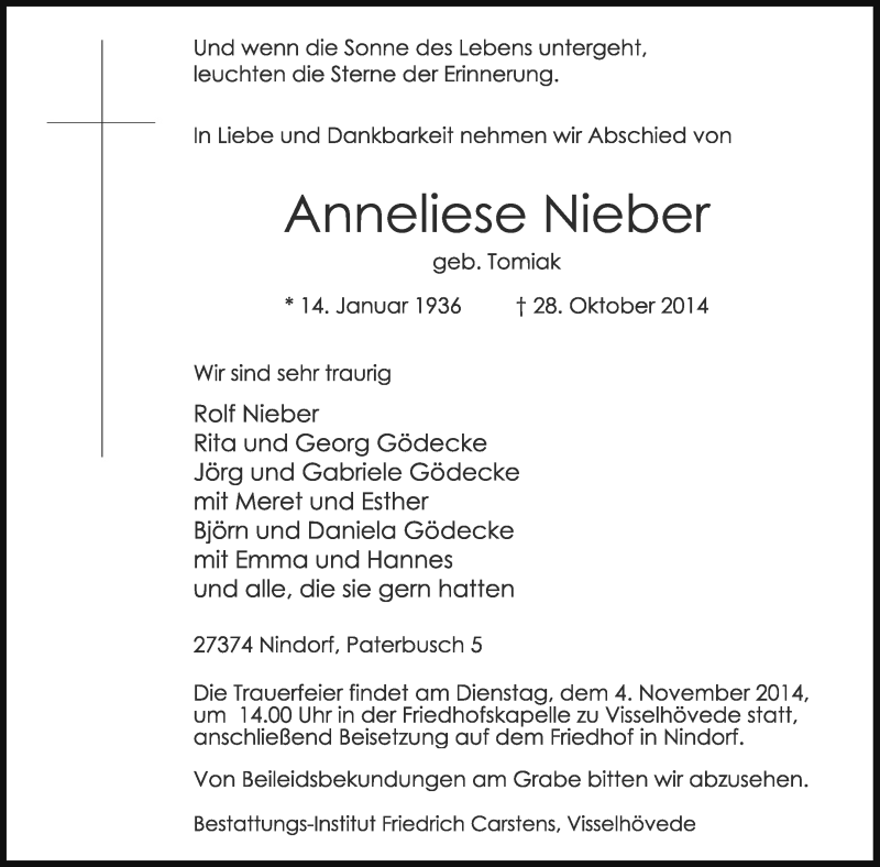  Traueranzeige für Anneliese Nieber vom 31.10.2014 aus KRZ