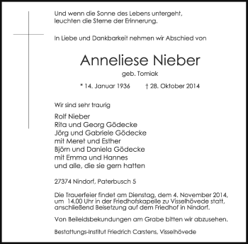 Traueranzeige von Anneliese Nieber von KRZ