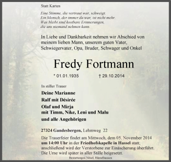 Traueranzeige von Fredy Fortmann von KRZ