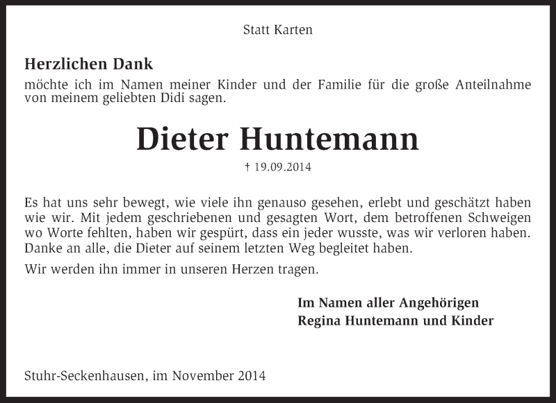  Traueranzeige für Dieter Huntemann vom 01.11.2014 aus KRZ