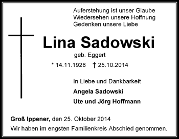 Traueranzeige von Lina Sadowski von KRZ