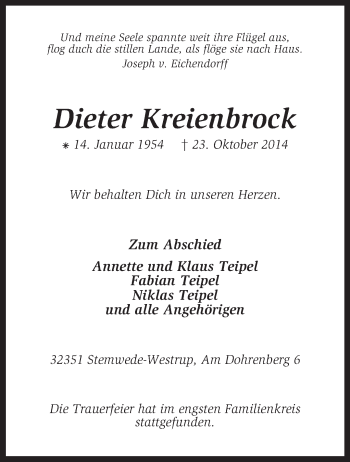 Traueranzeige von Dieter Kreienbrock von KRZ