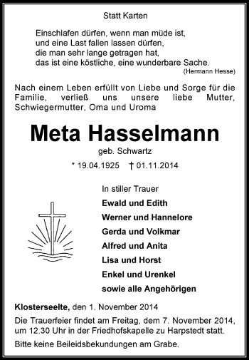 Traueranzeige von Meta Hasselmann von KRZ