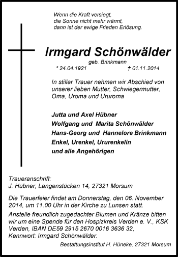 Traueranzeige von Irmgard Schönwälder von KRZ